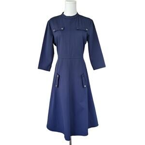MAPLE & CLIFF Navy Blue Utility Midi A-line Dress Small Minimalist Modest Work